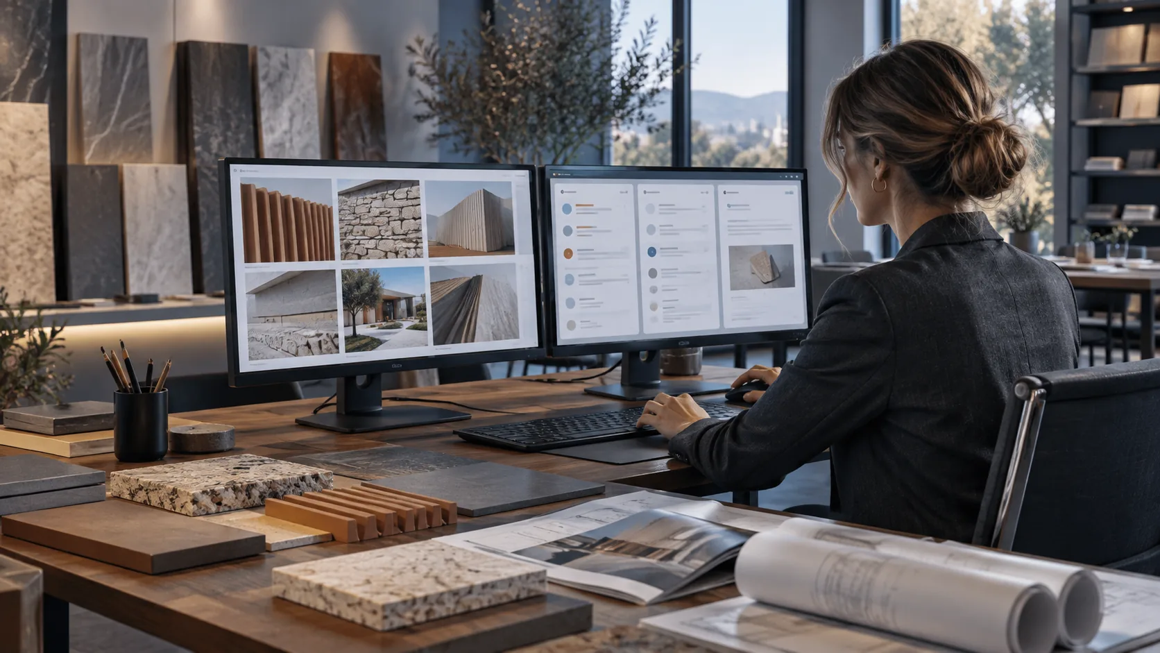 An architect at twin monitors working with rich product imagery and a connected content interface.