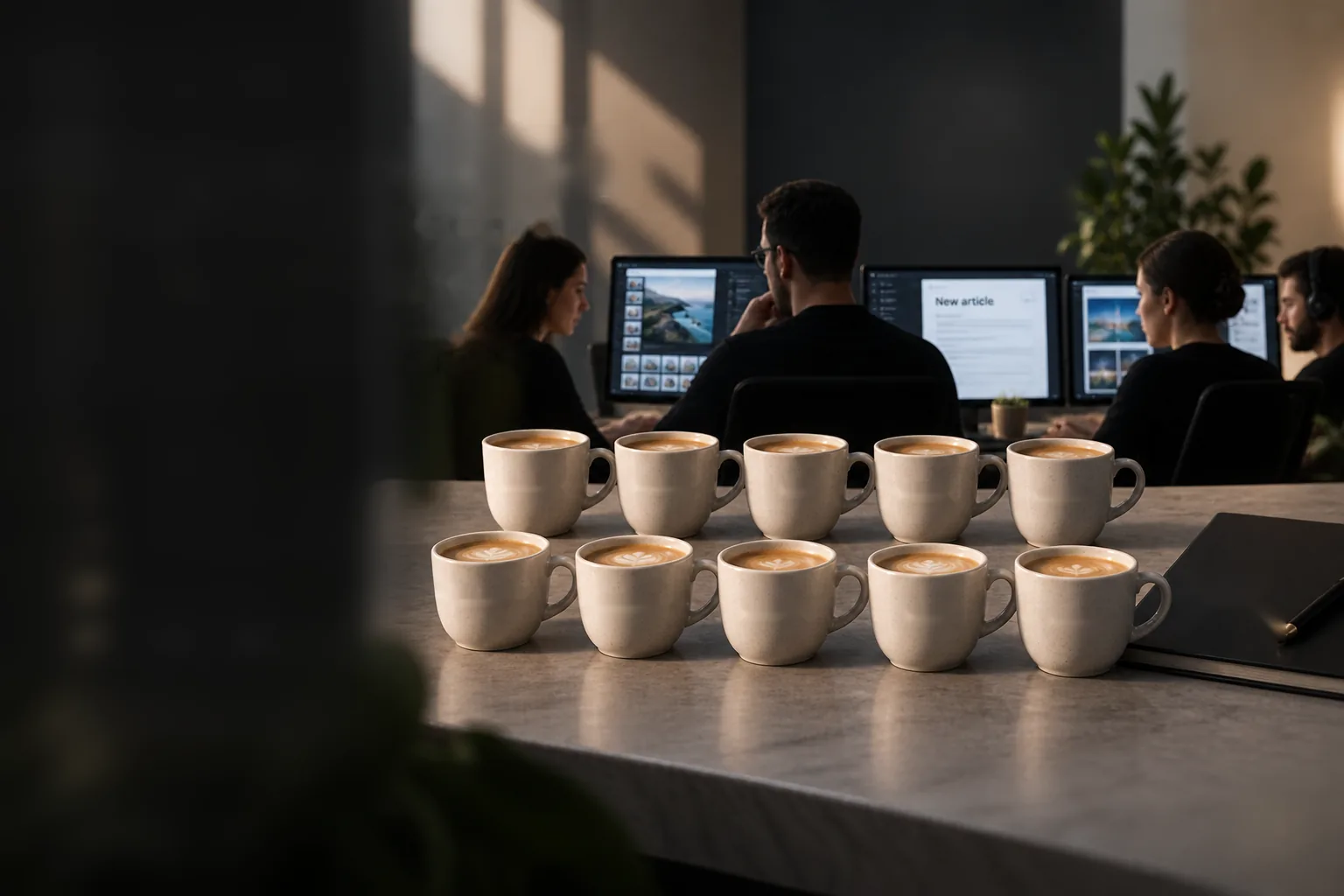 NAVIFLARE operators at their workstations, with ten ceramic cups in the foreground.