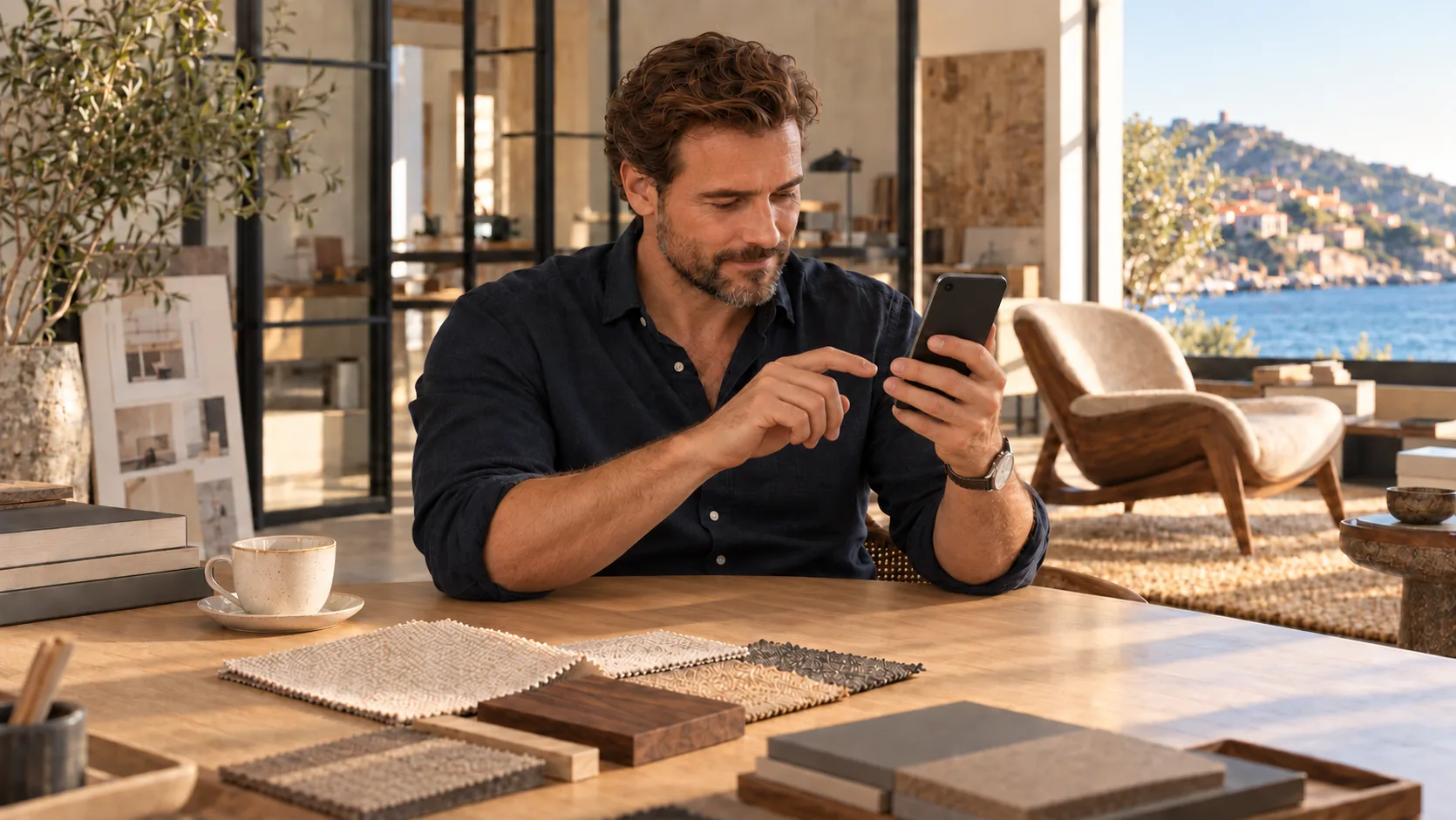Business owner working with a smartphone in a sunlit materials studio.