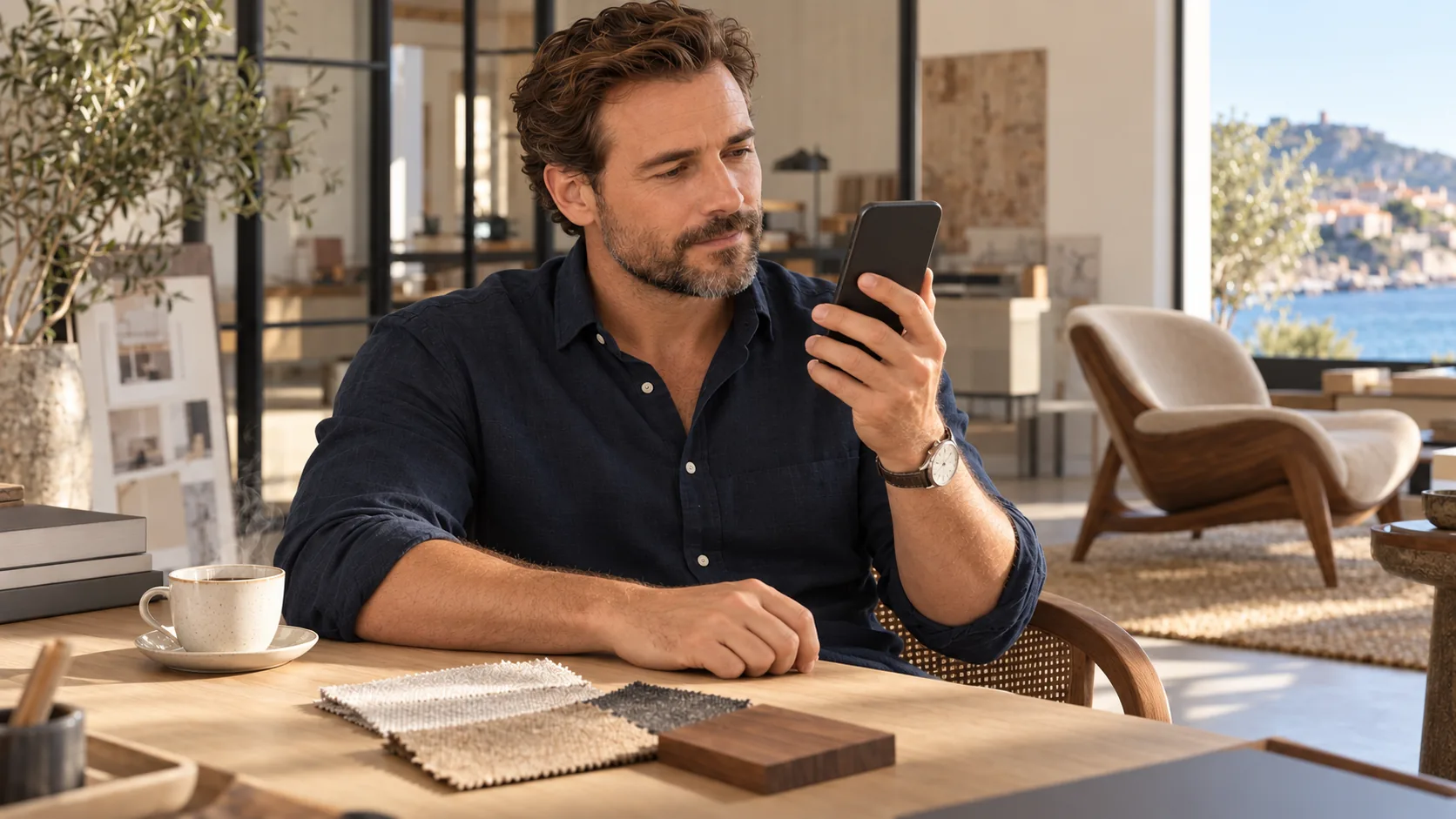 A business owner sitting at a sunlit desk and using a smartphone.