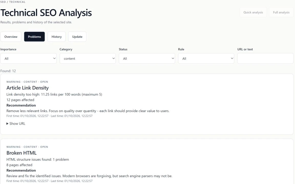 English NAVIFLARE technical analysis interface with issue filters, affected-page counts and recommendations from a recorded audit.