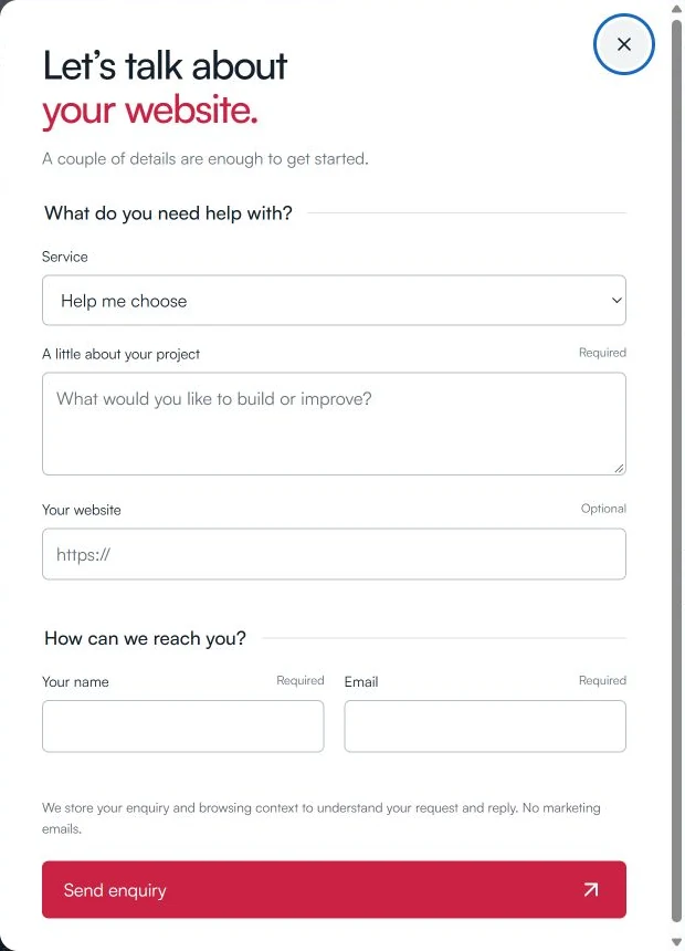 The existing NAVIFLARE project enquiry form, with service, website and brief fields.