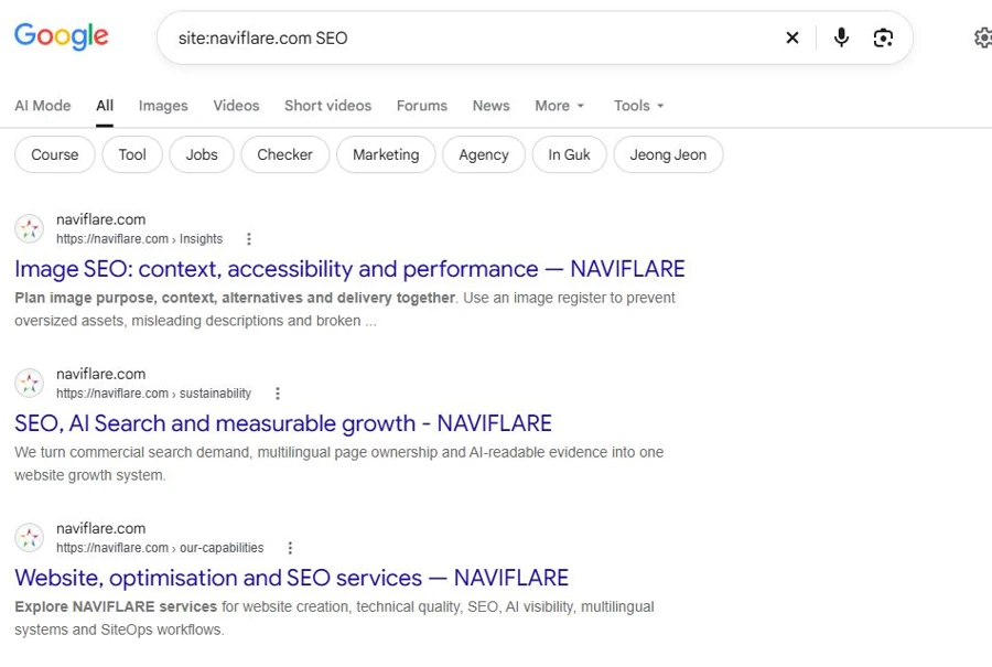 Actual English Google results for site:naviflare.com SEO, showing NAVIFLARE service and insight pages.