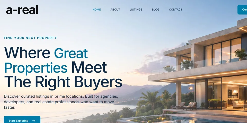 A-REAL property website homepage with a property search and real estate hero