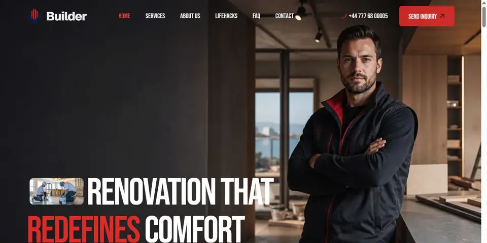 BLDR renovation website homepage with a contractor in a finished interior