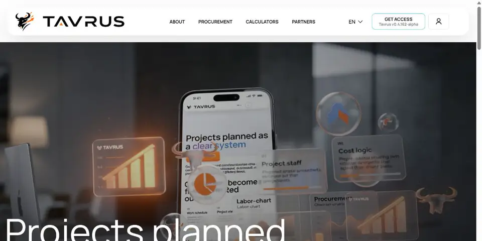 TAVRUS construction operations product homepage with planning interfaces