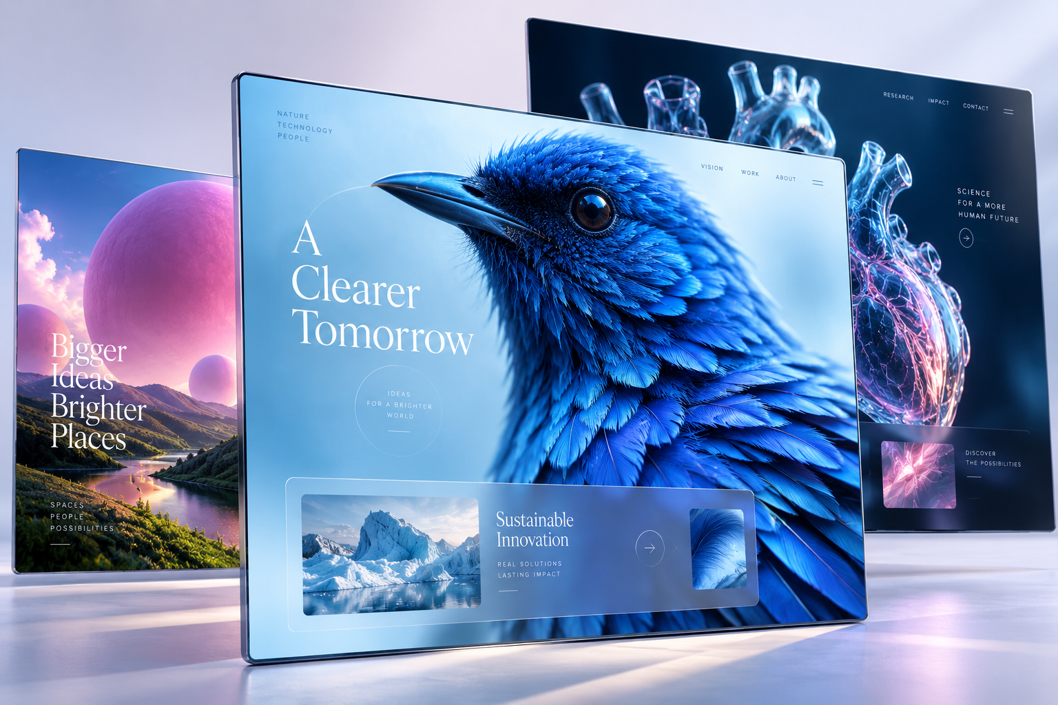 Three floating website designs: a blue bird, a pink planet and a transparent glass heart.